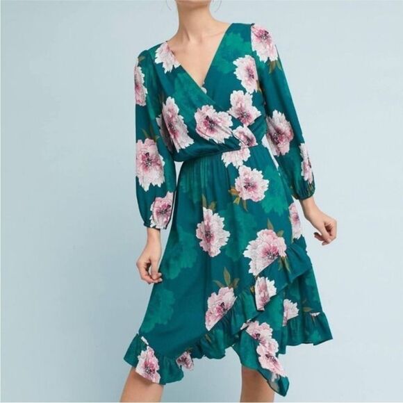 NEW Anthropologie Tracy Reese Aleah Green Floral Ruffle Midi Dress | S - Picture 3 of 11